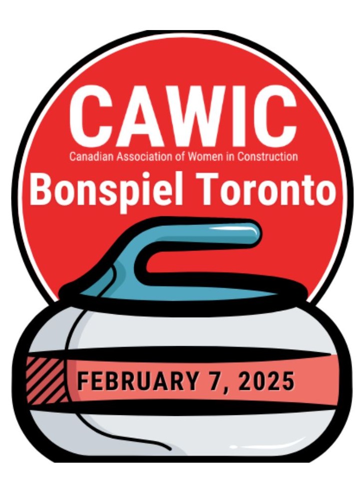 a teal topped curling Stone with the date Feb 7, 2025 sits in front of a red circle with the works CAWIC Bonspiel Toronto in white.